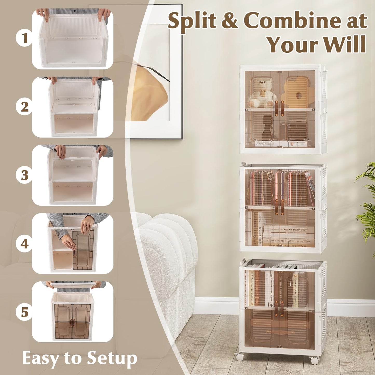 6-Cube Stackable Storage Bins with Lockable Wheels for for Kitchen Living Room Bedroom