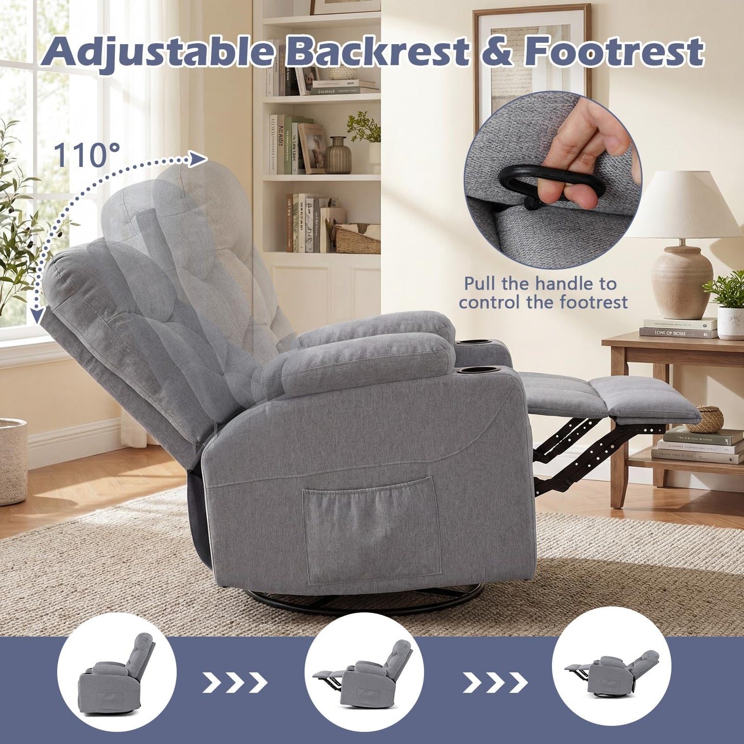 Recliner Chair with Massage and Heat Nursery Rocking Chair with 360° Swivel Function
