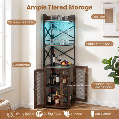 Corner Bar Cabinet with LED Lights Power Outlet and Glass Holder Storage Shelves