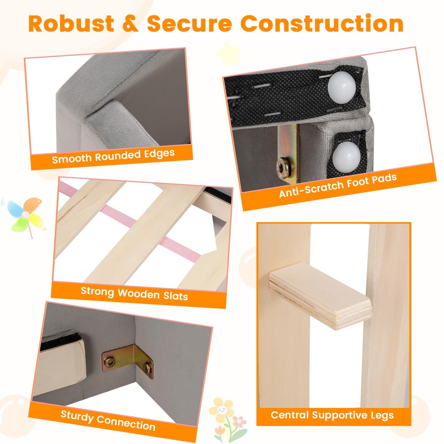 Kids Bed Frame, Soft Velvet Fabric Upholstered Children Floor Bed