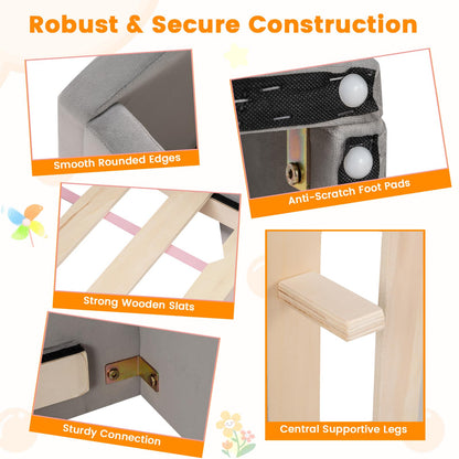 Kids Bed Frame, Soft Velvet Fabric Upholstered Children Floor Bed