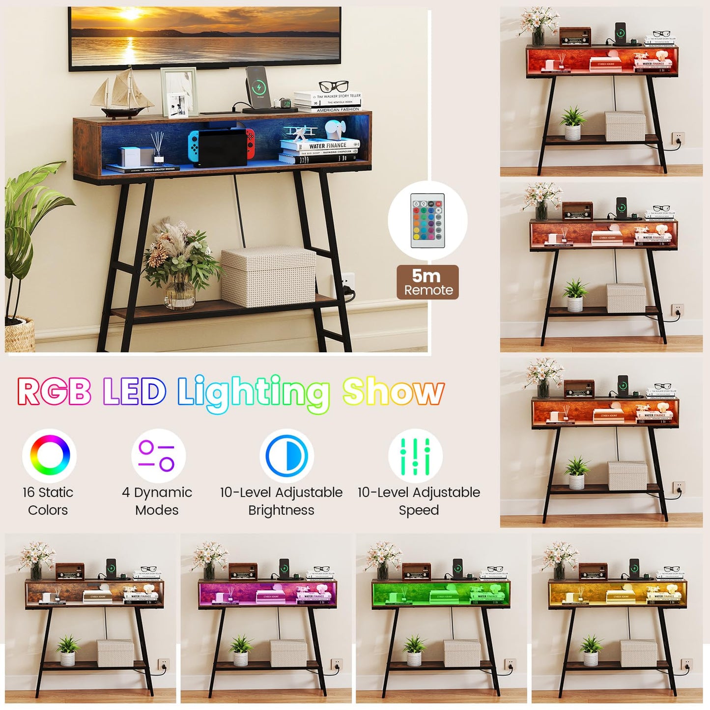 Console Table with LED Lights and Charging Station, 3-Tier Narrow Entryway Table with Storage Shelves