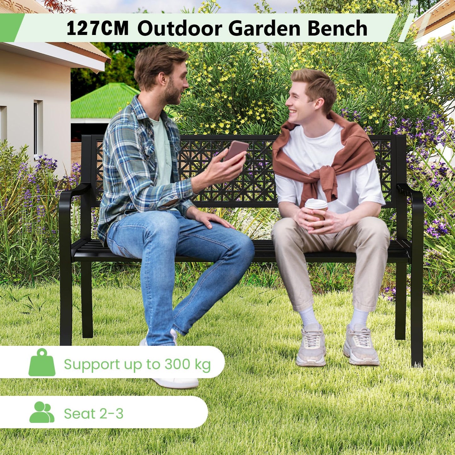 2-3 Seater Cross Grid Pattern Heavy Duty Metal Frame Loveseat Park Bench