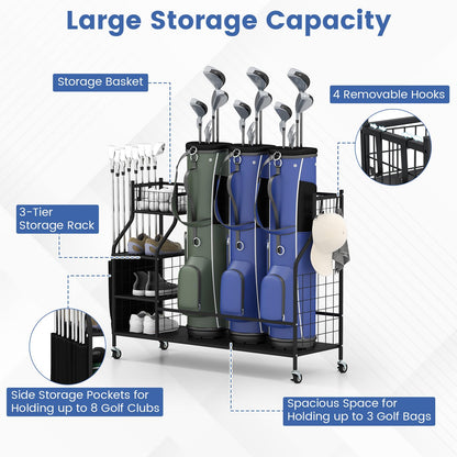 3 Golf Bag Stand for Clubs with Lockable Wheels and Removable Hooks