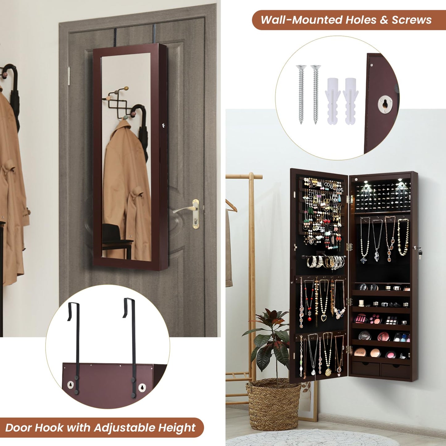 Lockable Jewelry Cabinet with Full Length Mirror and LED Lights