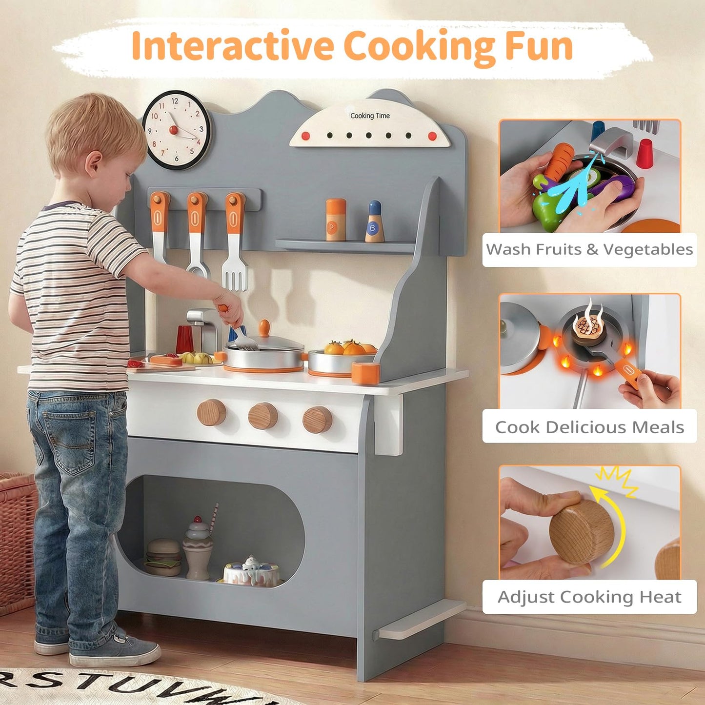 Pretend Play Toy Kitchen Set with Clock Stove Spice Rack for Aged 3+