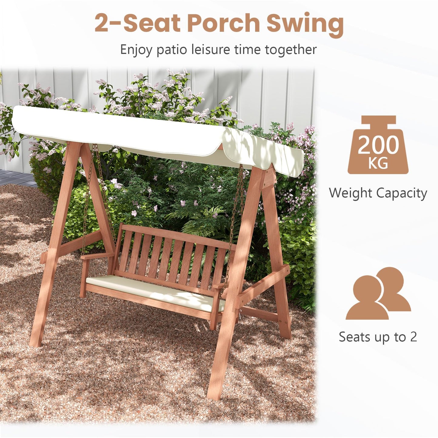 Wood Porch Swing with Canopy, A Frame and Soft Seat Cushions