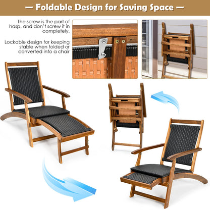 Acacia Wood Rattan Deck Chair with Retractable Footrest