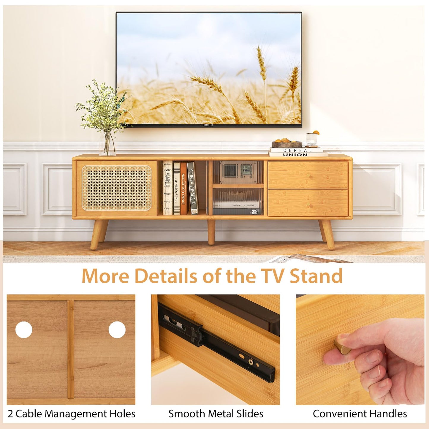 TV Stand for TVs up to 55"/65", Bamboo TV Cabinet Media Entertainment Center with Sliding Rattan & Glass Doors (140cm for 65" TVs)