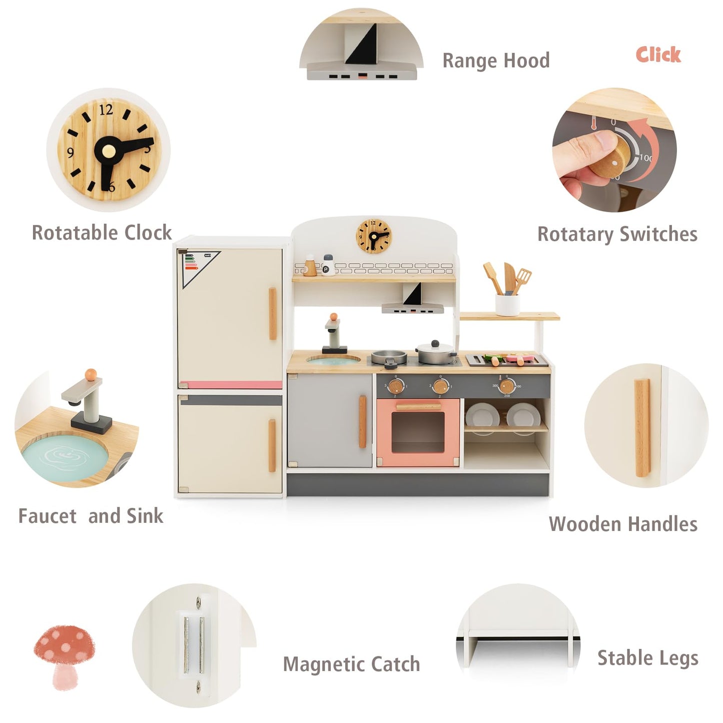 Wooden Pretend Kids Play Kitchen Set with Realistic Range Hood