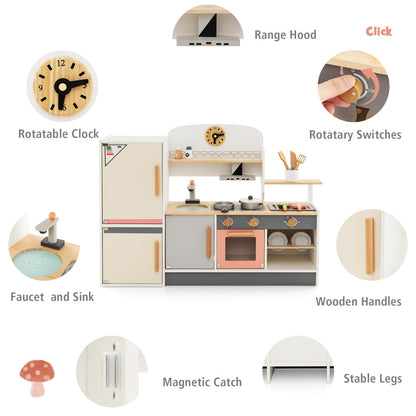 Wooden Pretend Kids Play Kitchen Set with Realistic Range Hood