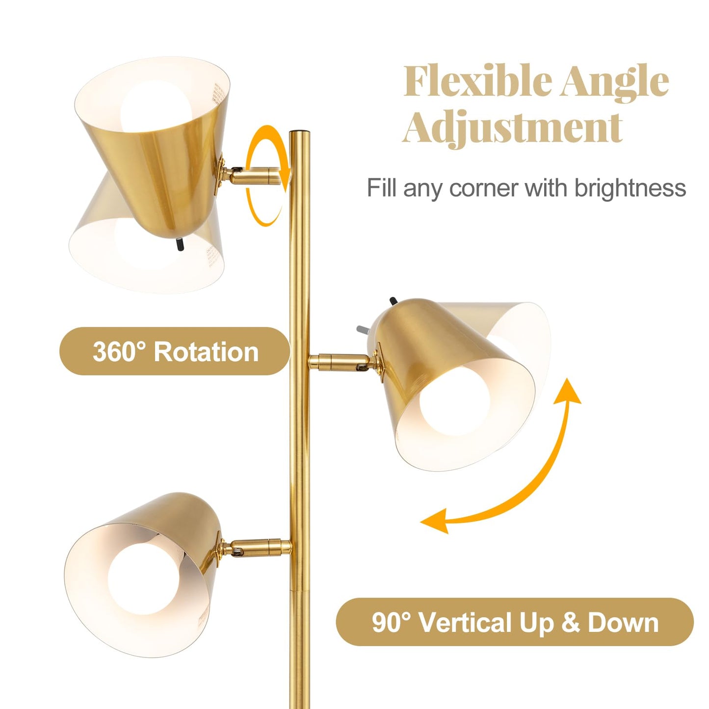 3-Bulb Floor Lamp with 3 E26 A19 Bulbs and Adjustable Lampshades