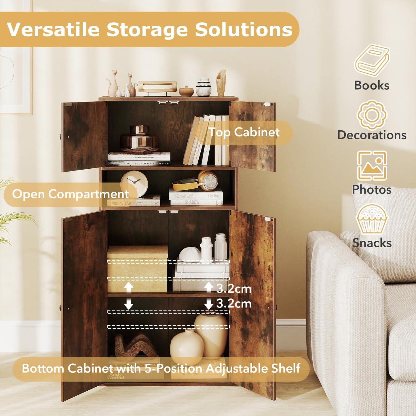 4-Tier Tall Bookcase with 4 Doors, 111cm Modern Bookshelf Display Cabinet