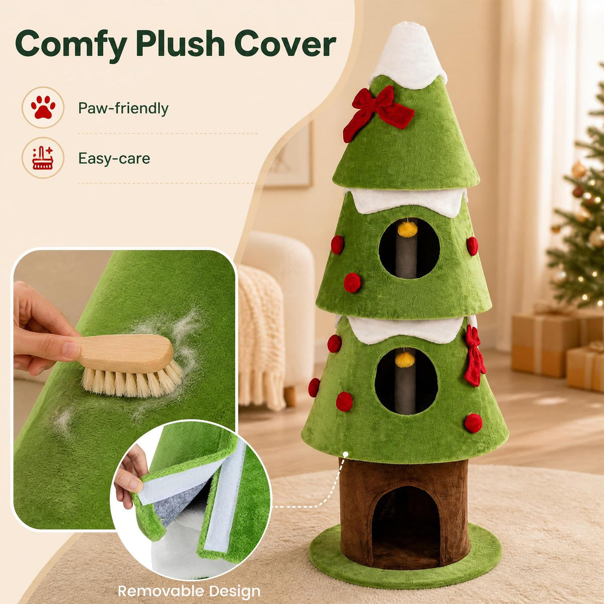 157.5 cm Christmas Cat Tree with 3 Cozy Condos and 2 Hanging Balls