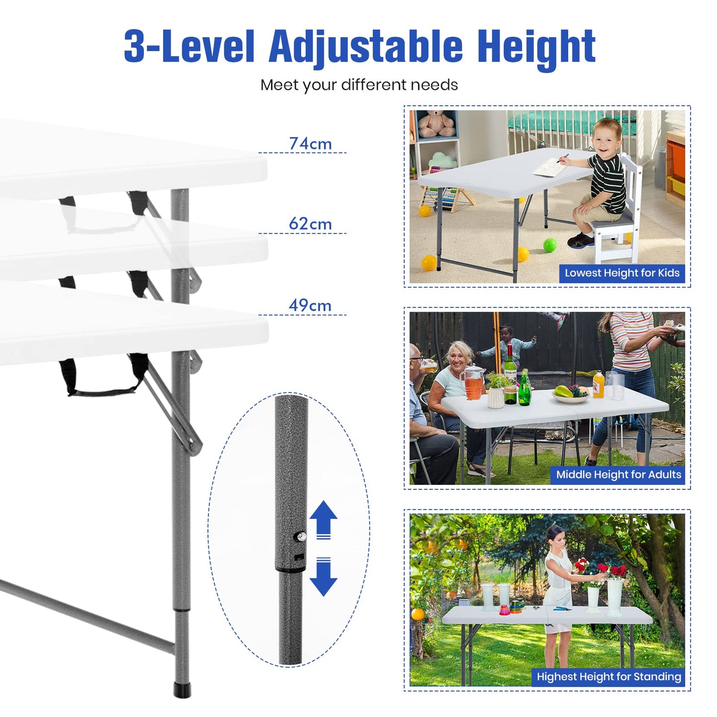 Portable Bi-fold Picnic Table with 3-Level Height Adjustment