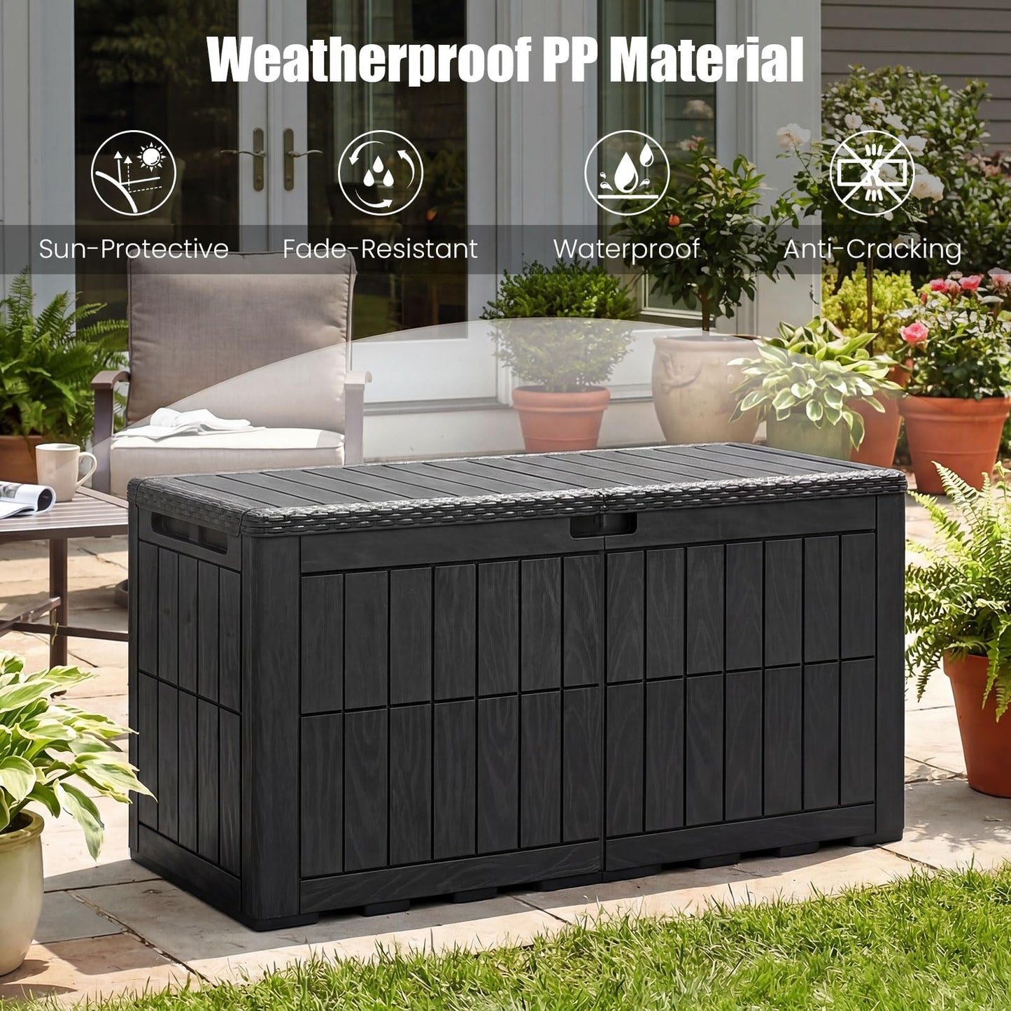 Garden Storage Box, Waterproof Resin Deck Box Bench with Lockable Lid & Handles