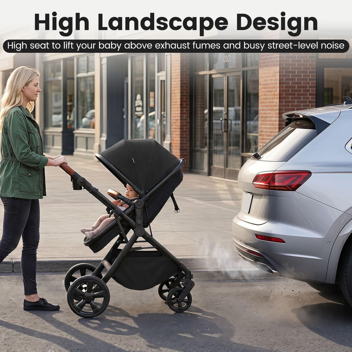 2-in-1 Convertible Baby Stroller with Car Seat Adapters High Landscape Folding Newborn Pram Stroller