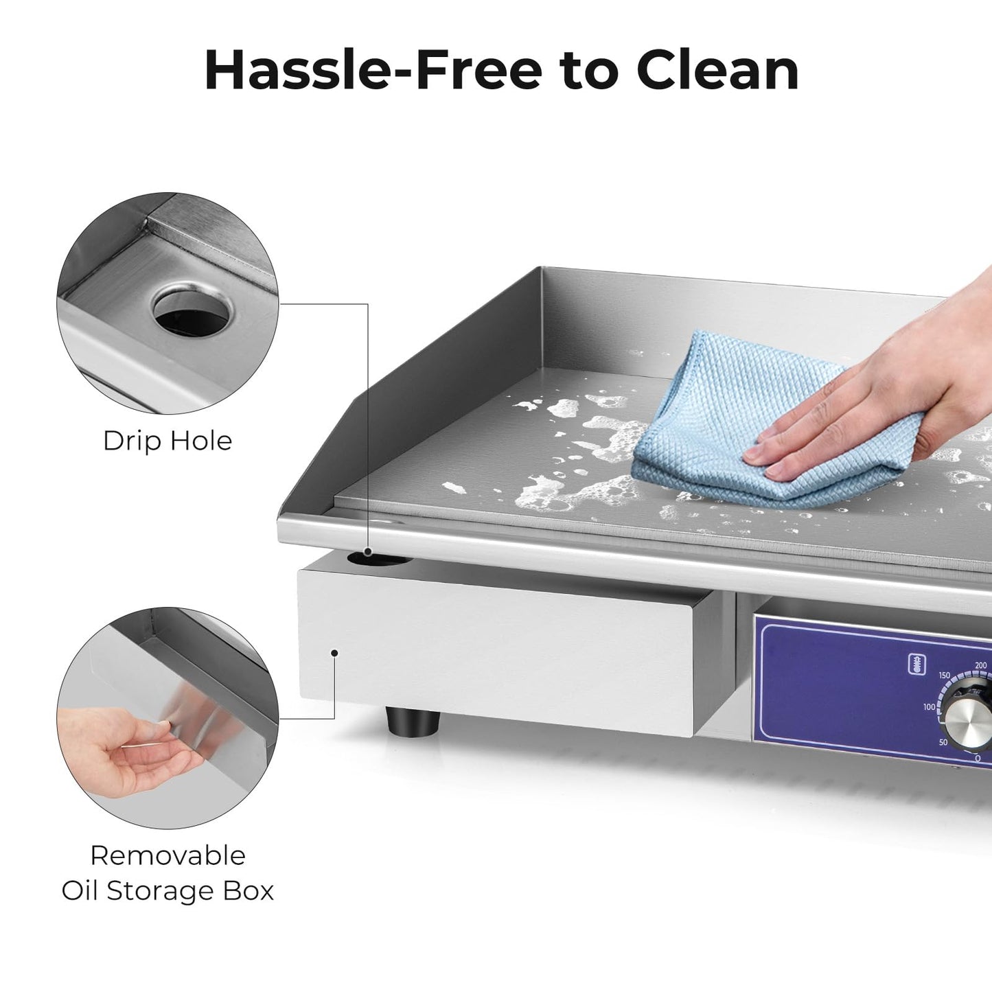 Countertop Electric Griddle 2800W 240V Commercial Stainless Steel Grill with 50℃-300℃ Adjustable Temp Control