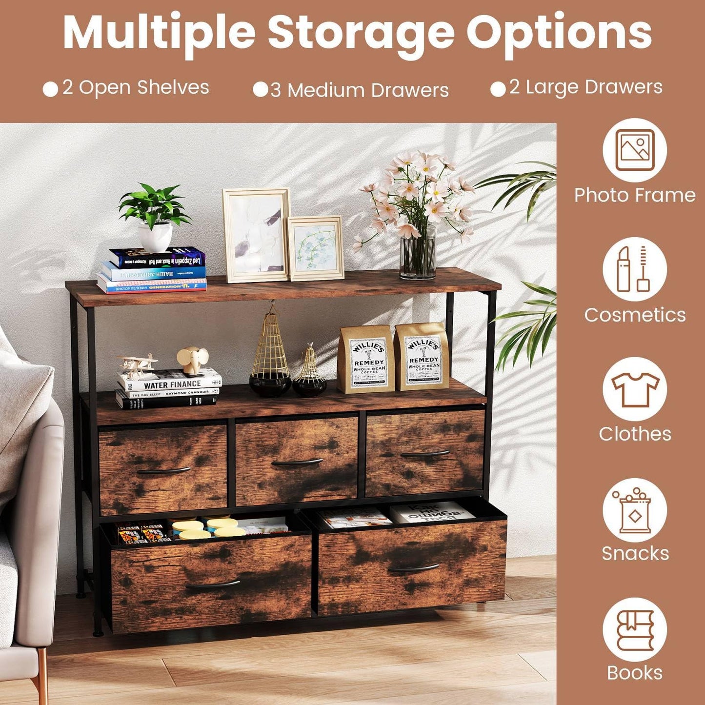 Chest of Drawers, Fabric 5-Drawer Dresser Chest Cabinet with 2 Wooden Open Shelves