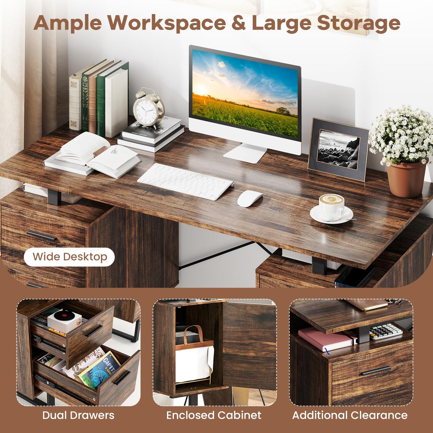 Computer Desk with Floating Desktop and Dual Drawers