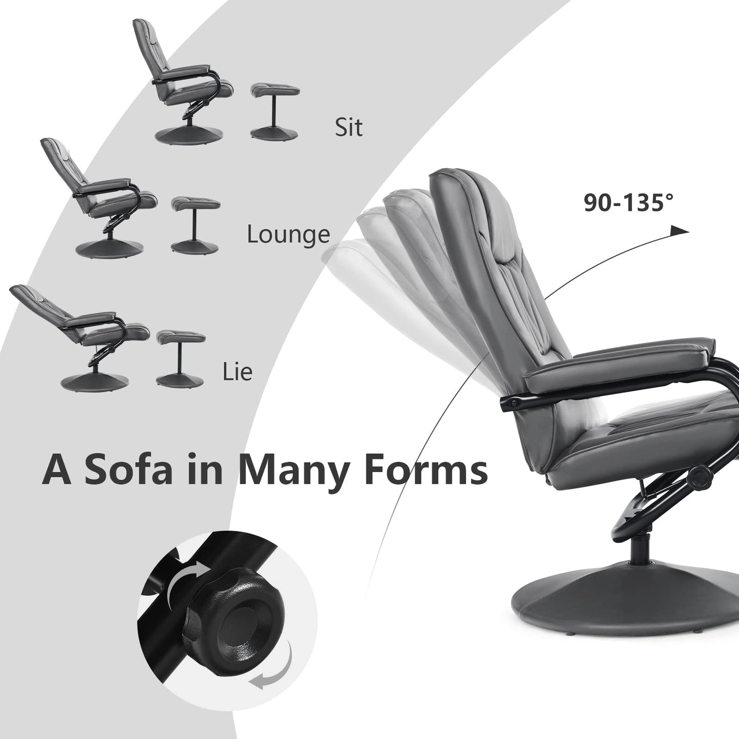 Swivel Recliner Chair with Footstool and Adjustable Backrest