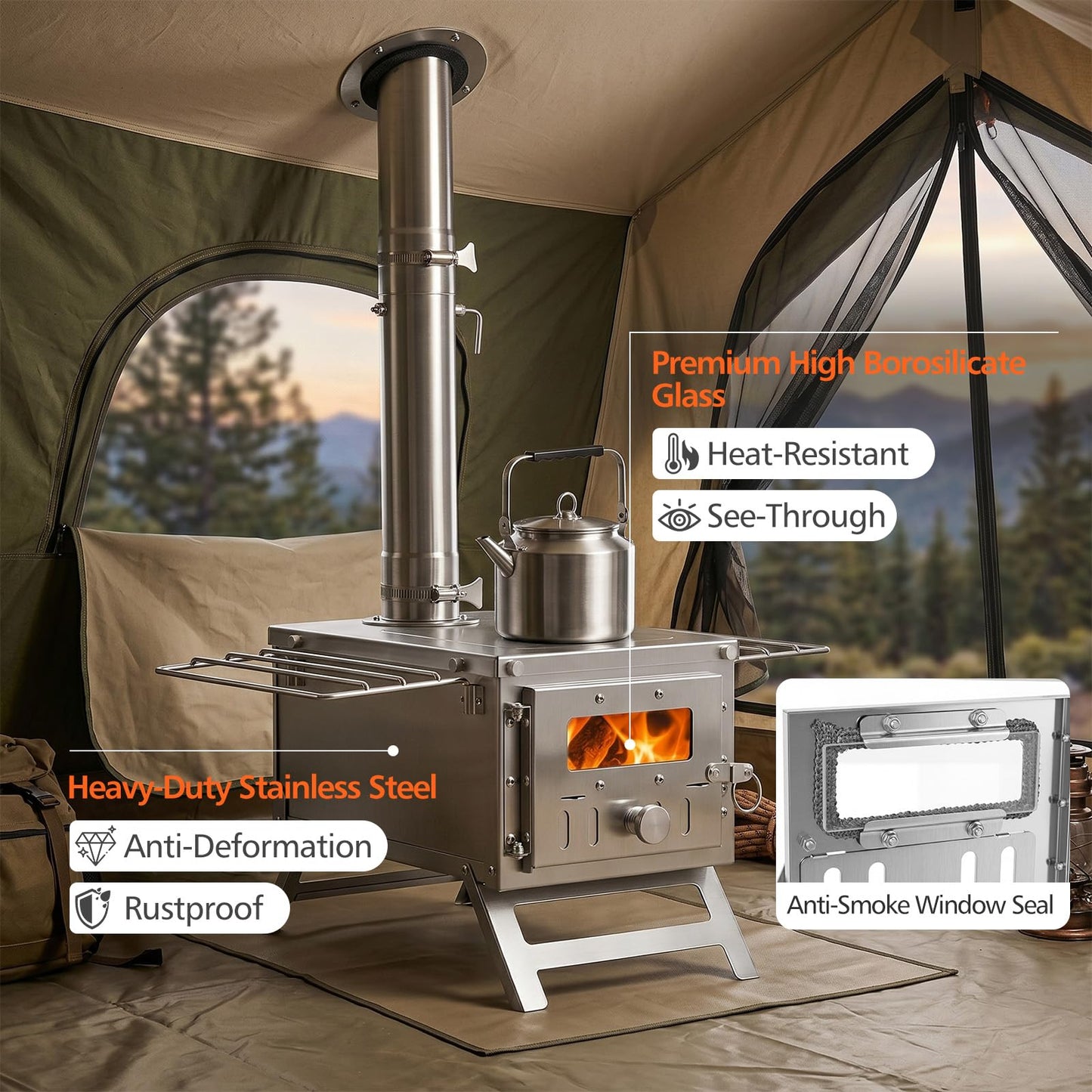 Hot Tent Stove, Camping Tent Stove (Silver, 45 x 37 x 219cm) | Stainless Steel Wood Burning Stove