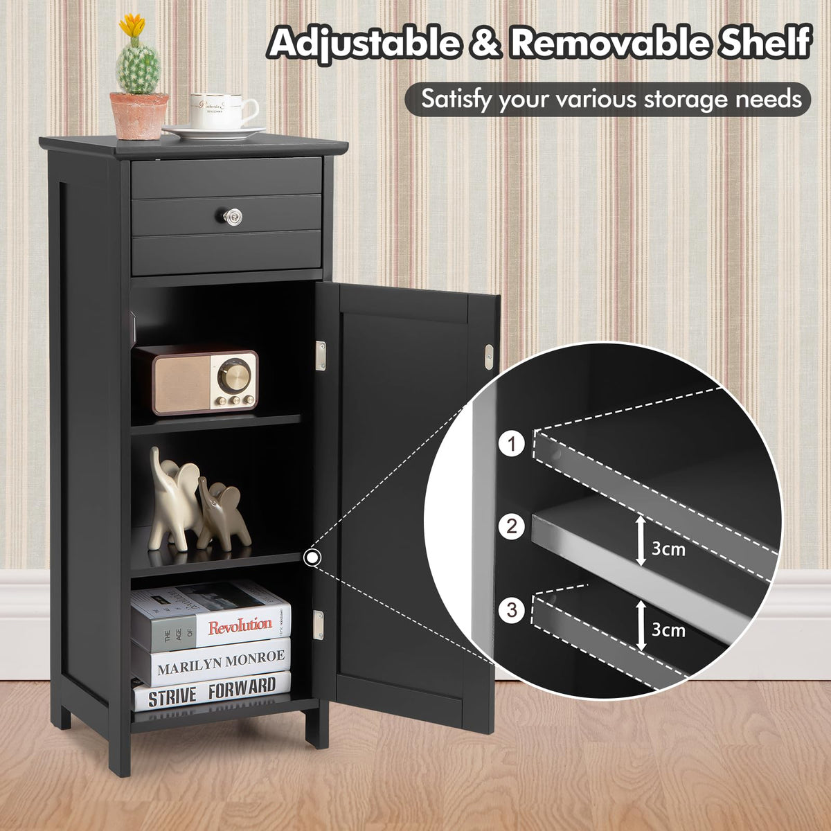 3-Tier Free-Standing Bathroom Cabinet with Drawer