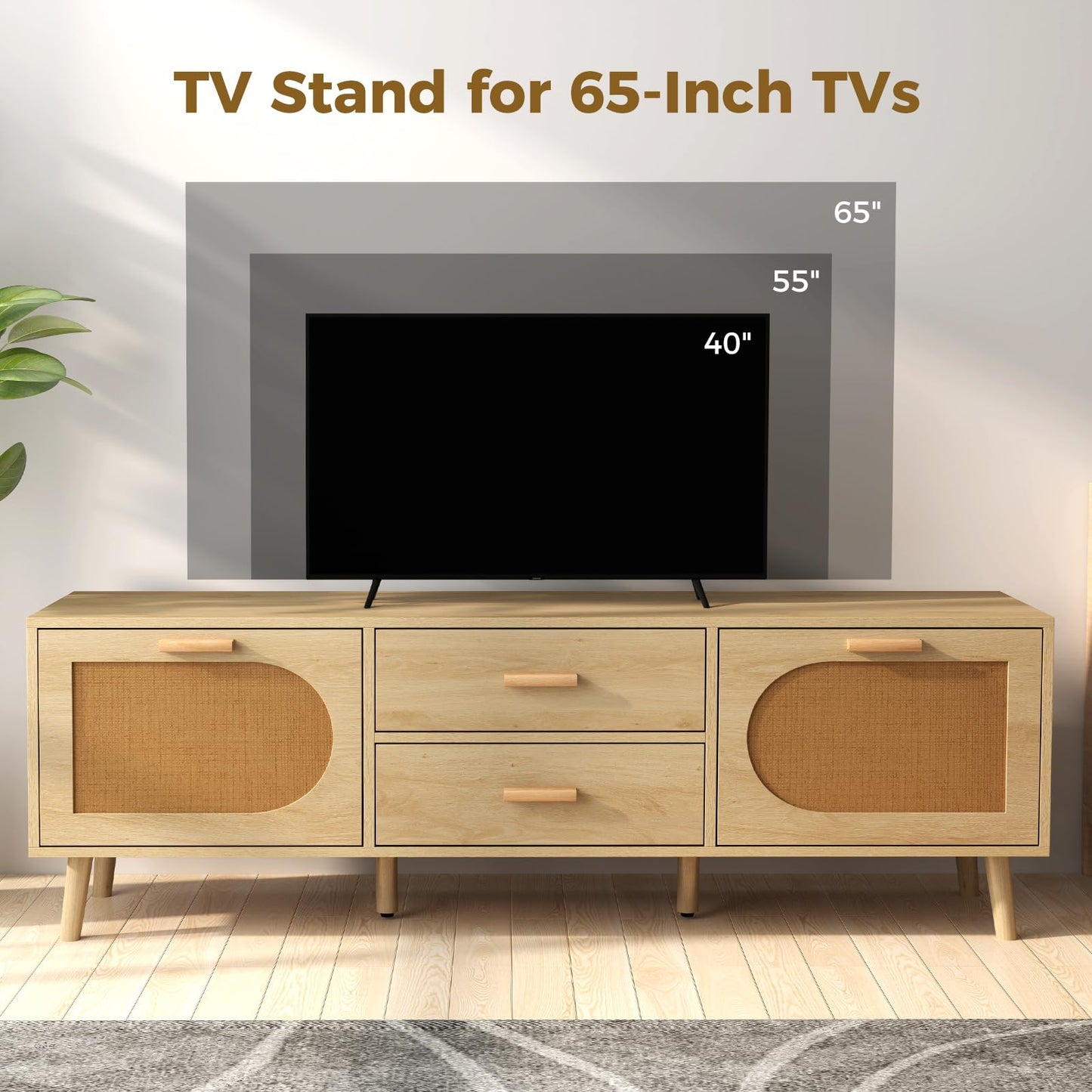 150cm TV Cabinet Media Entertainment Center with Rattan Doors and Storage Drawers