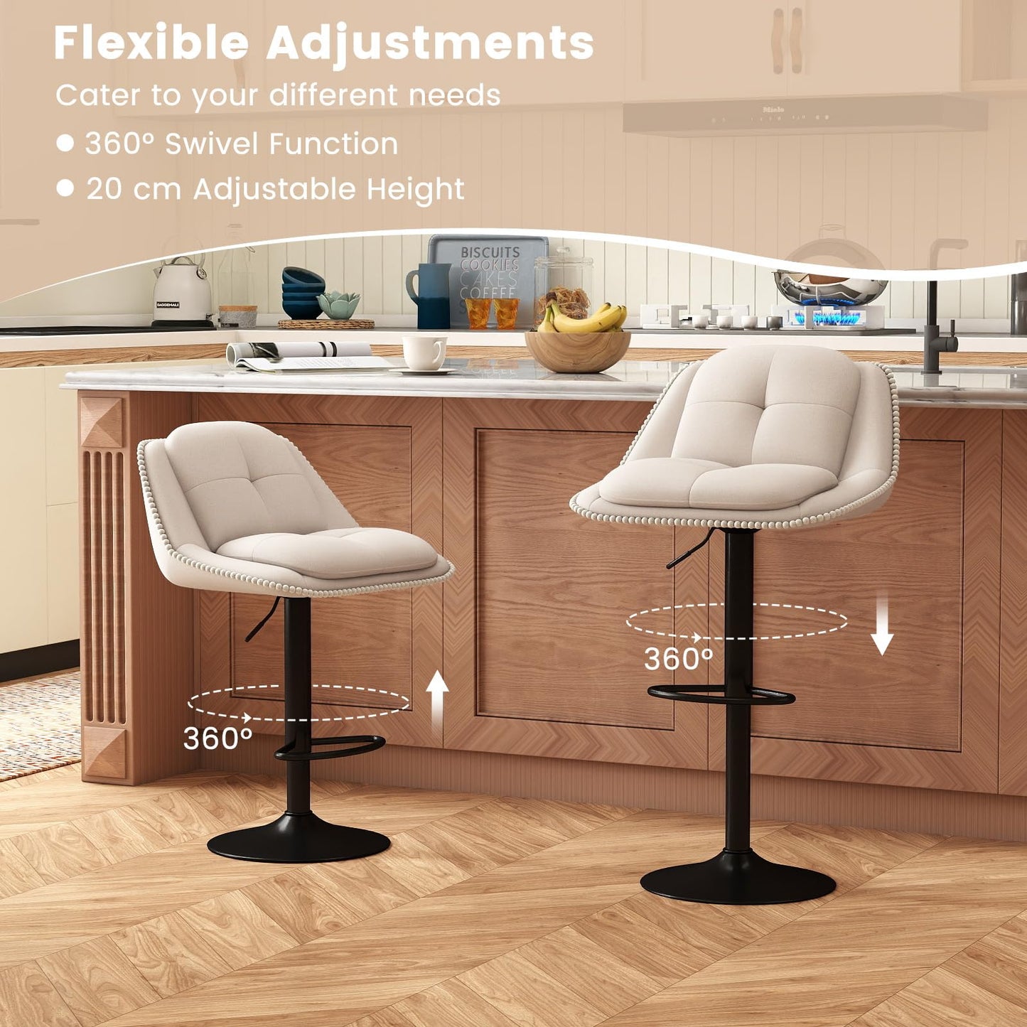 Bar Stools Set of 2 Modern Adjustable Chenille Upholstered Barstools