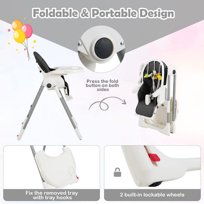Foldable Reclining Infants High Chair with Removable Double Trays