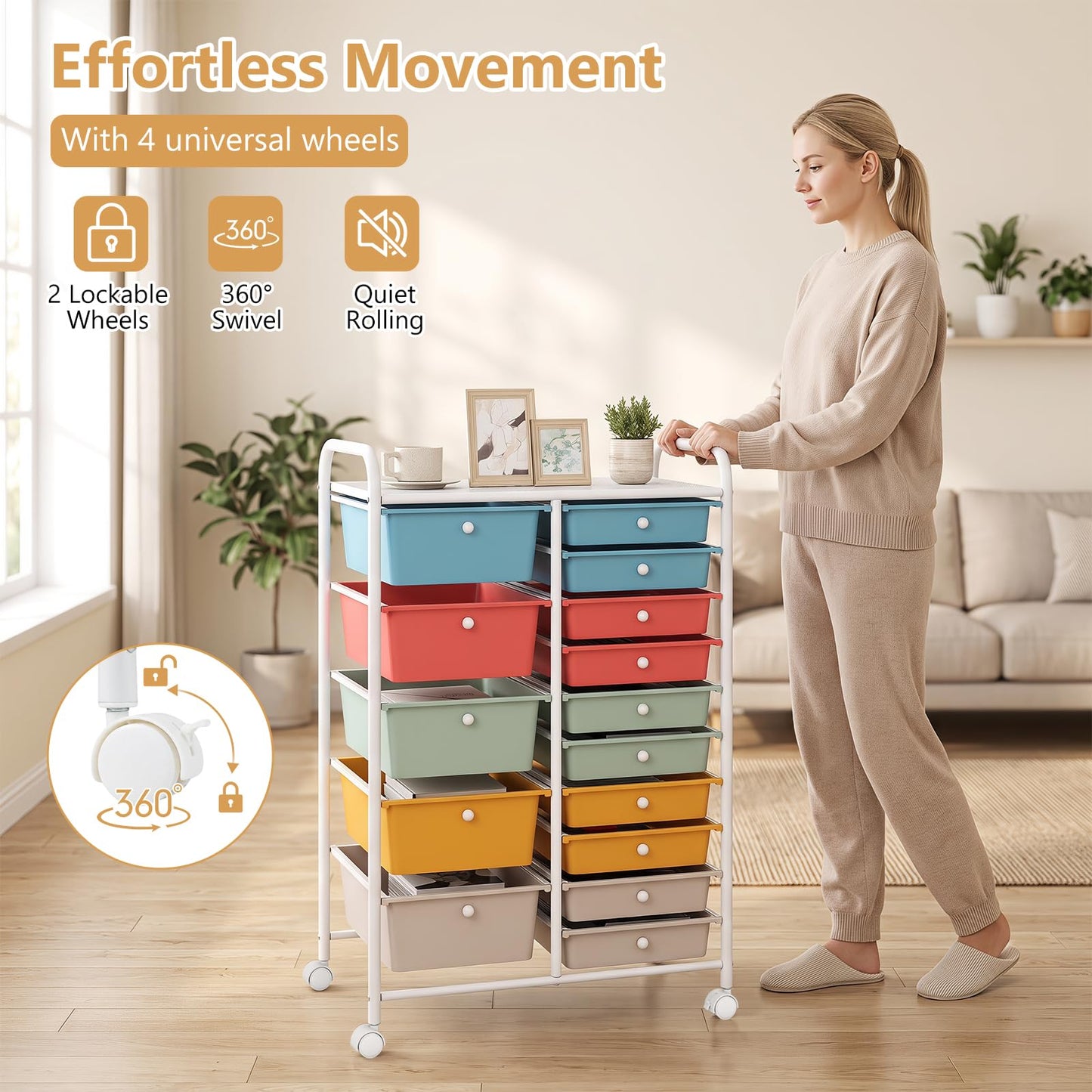 15 Drawers Storage Trolley, Home Office Stationary Rolling Cart