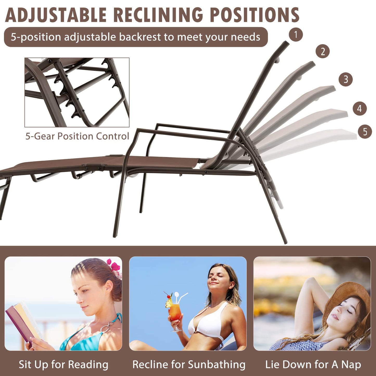 5 Positions Adjustable Stackable Folding Deck Reclining Chair Set of 2