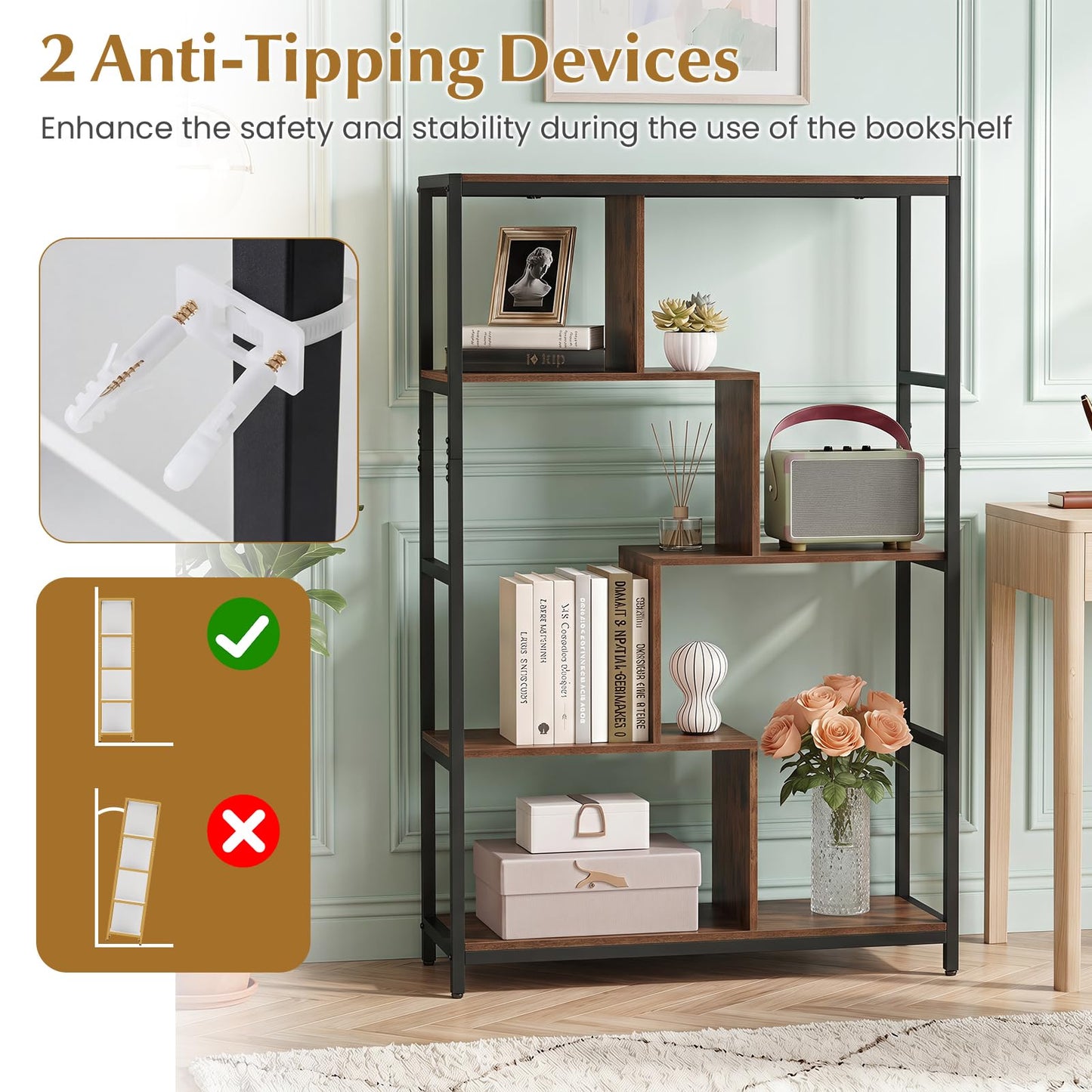 5-Tier Geometric Bookshelf with Open Shelves (Golden + White) | Metal Frame Bookcase Display Stand