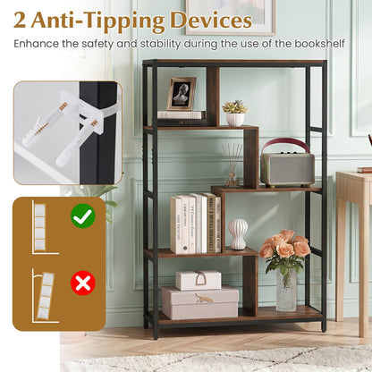 5-Tier Geometric Bookshelf with Open Shelves (Golden + White) | Metal Frame Bookcase Display Stand