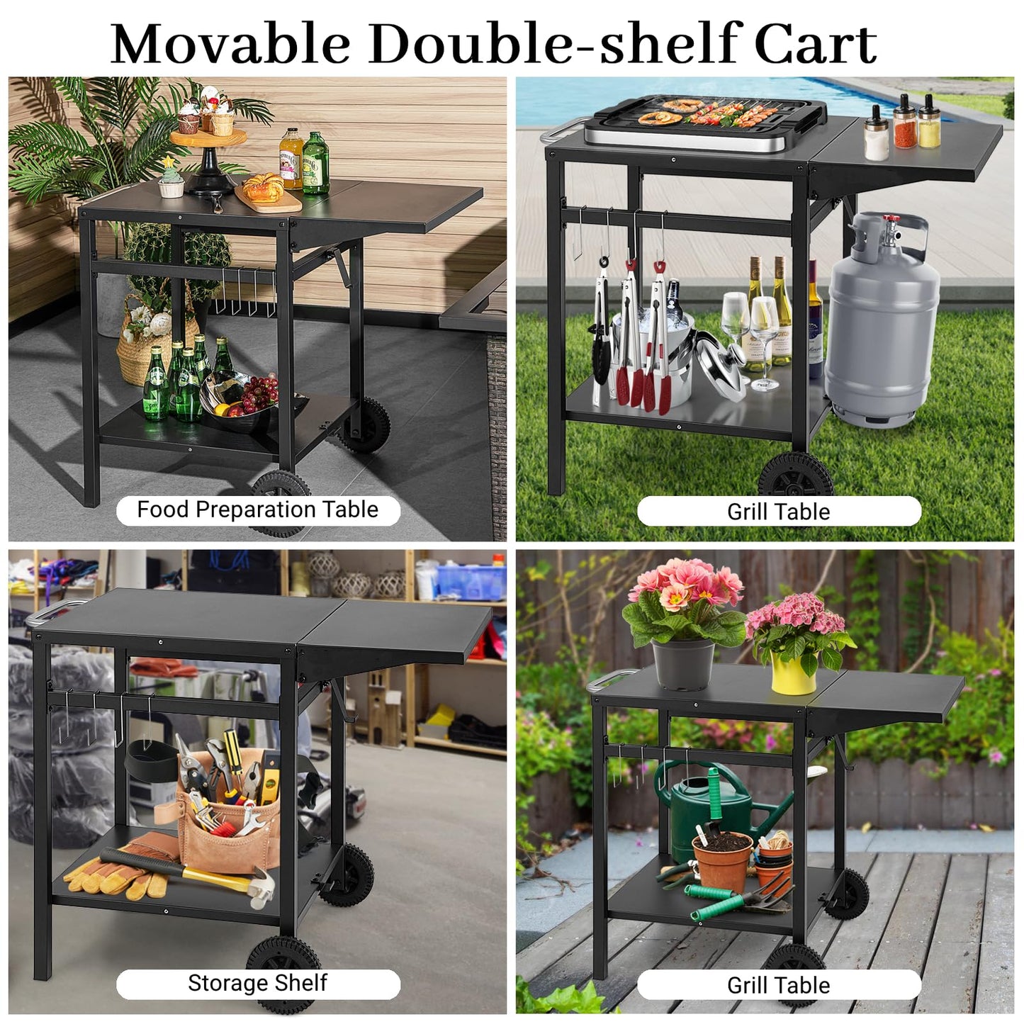 Movable Dining Cart Table Trolley with Folding Tabletop for BBQ Grill