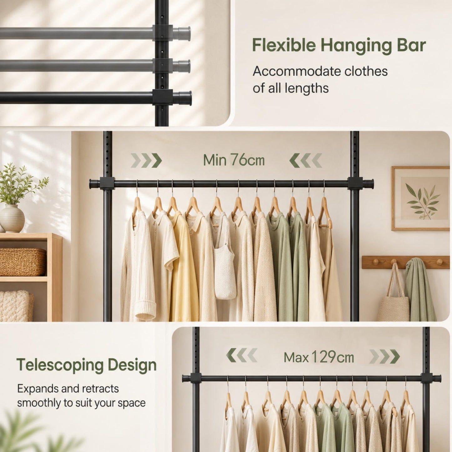 Adjustable Floor to Ceiling Clothes Rack with 2 Hanging Rods Folding Drying Rack and Reacher Pole