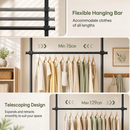 Adjustable Floor to Ceiling Clothes Rack with 2 Hanging Rods Folding Drying Rack and Reacher Pole
