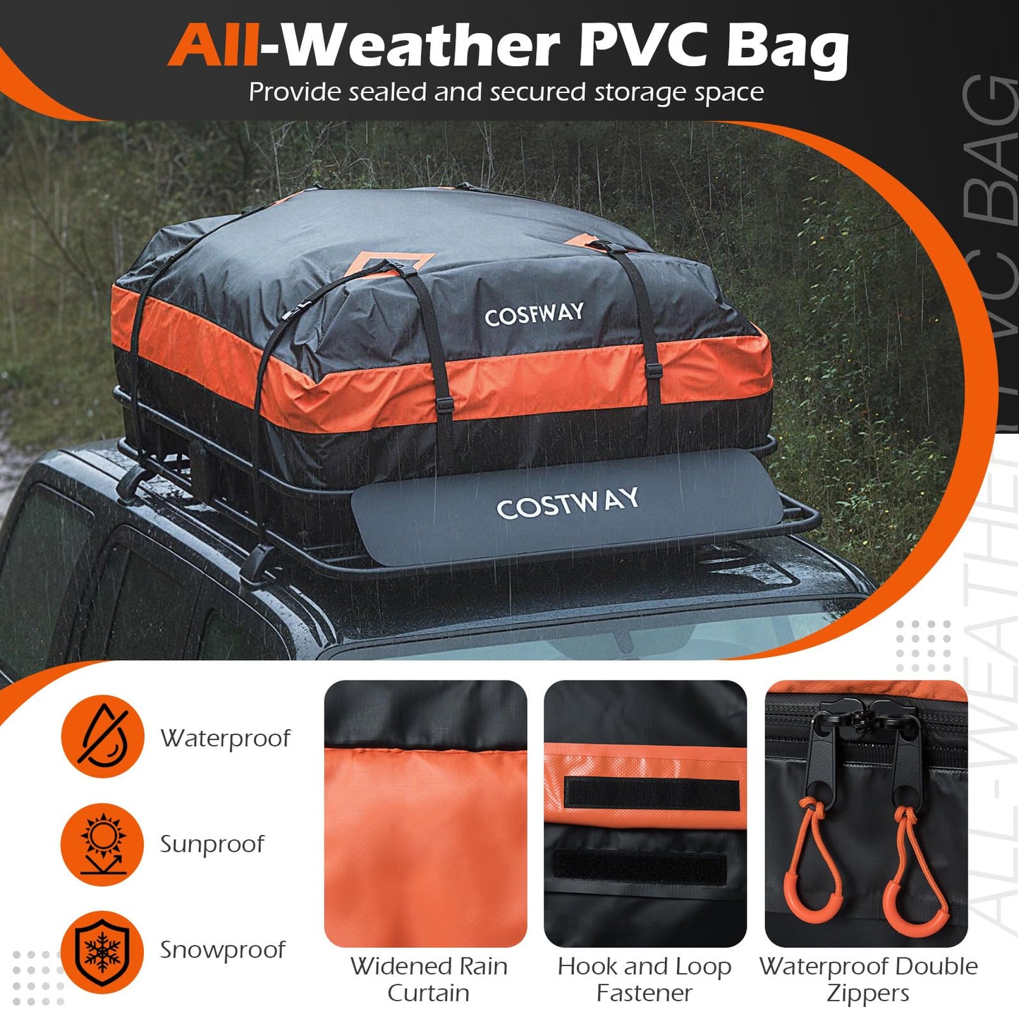 Roof Rack Cargo Basket with 425L Waterproof Bag and 90kg Max Load