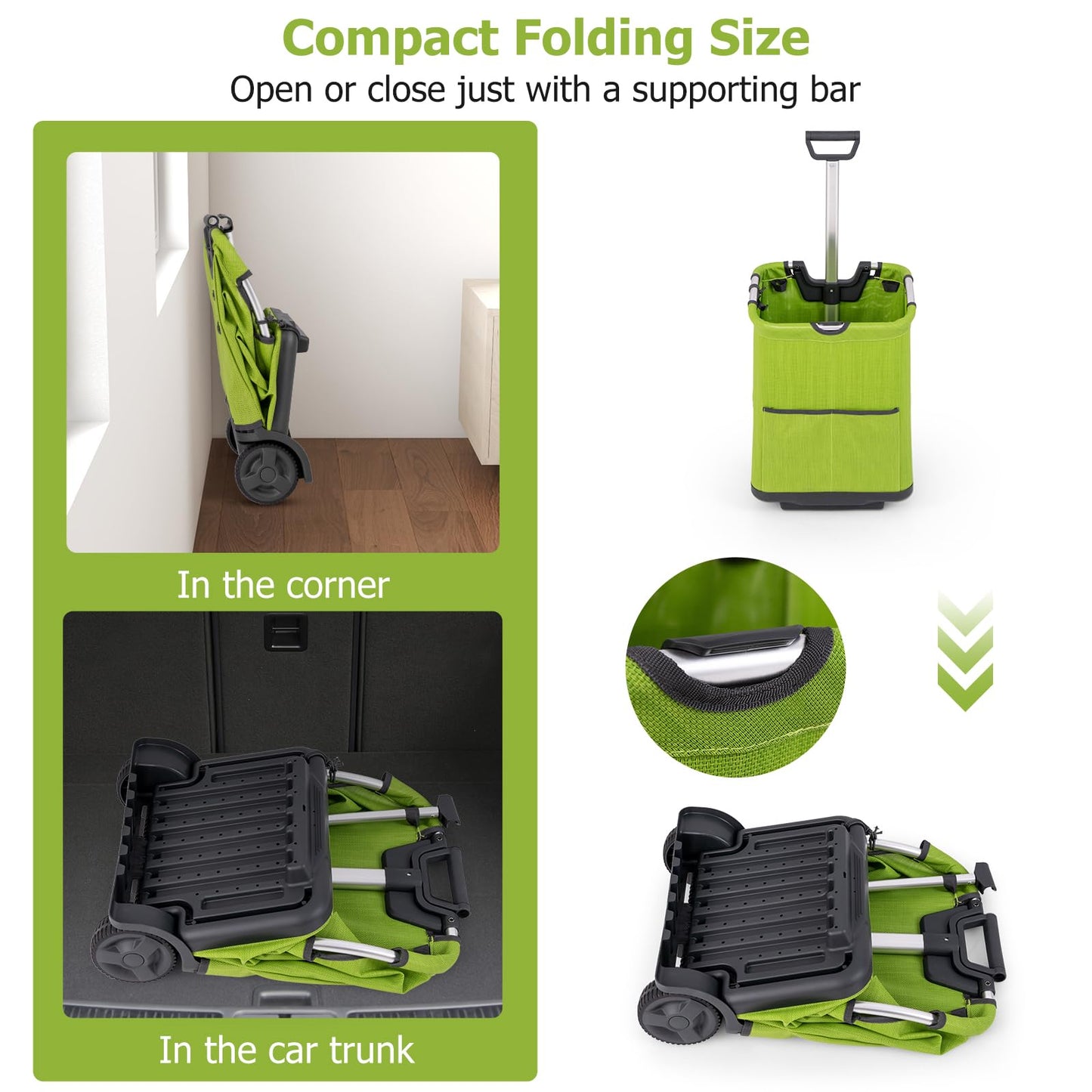 50L Folding Shopping Trolley on Wheels with 3 Pockets & Retractable Handle