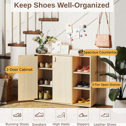 3-Tier Shoe Cabinet with Doors and Adjustable Open Shelves