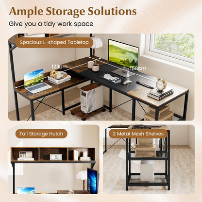 L-Shaped Computer Desk with Storage Hutch, 158 x 123 cm Reversible Study Writing Workstation
