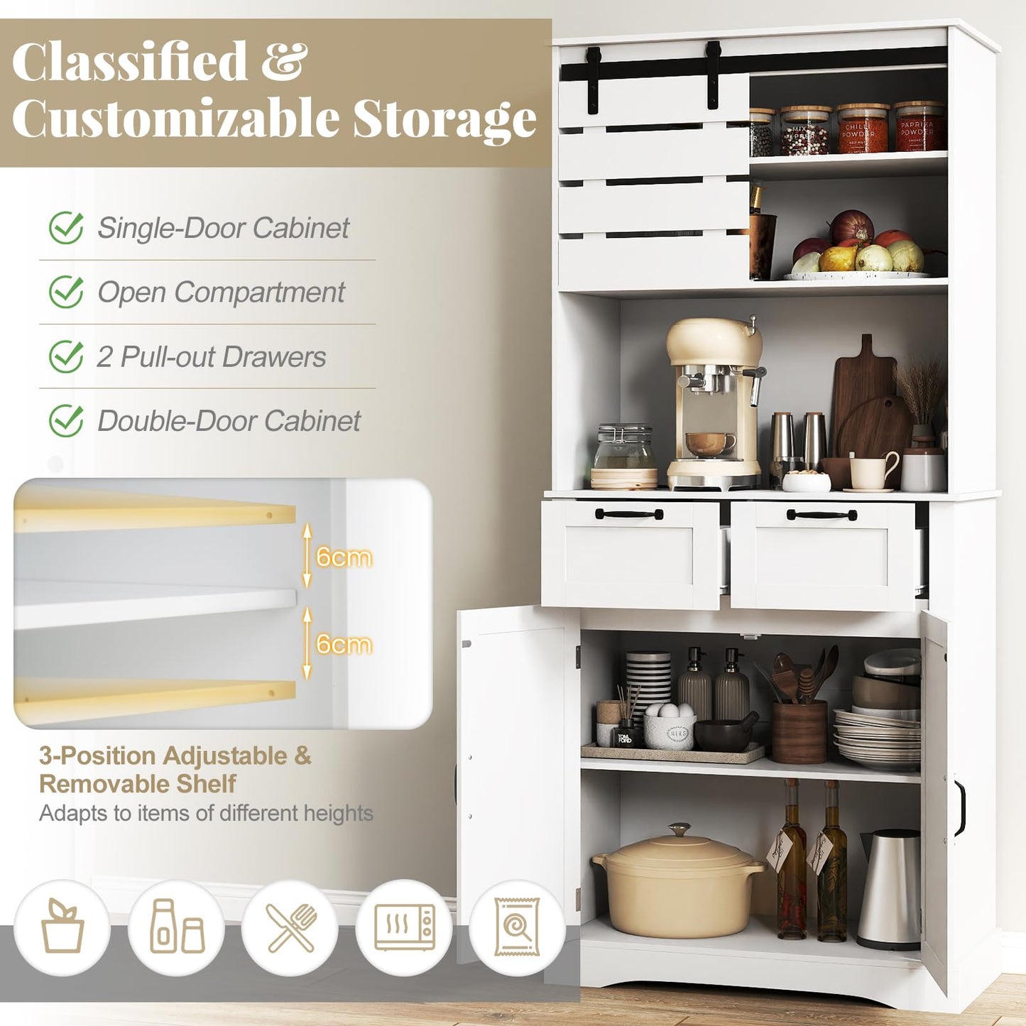 Kitchen Pantry Cabinet with Power Outlet Tall Coffee Bar Cabinet with Doors Drawers and Adjustable Shelf