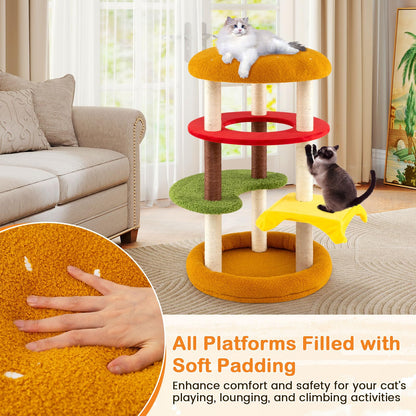 Cat Tree, 106cm Tall Hamburger-Theme Cats Tower | Indoor Multi-Level Kitten Climbing Stand Activity Center