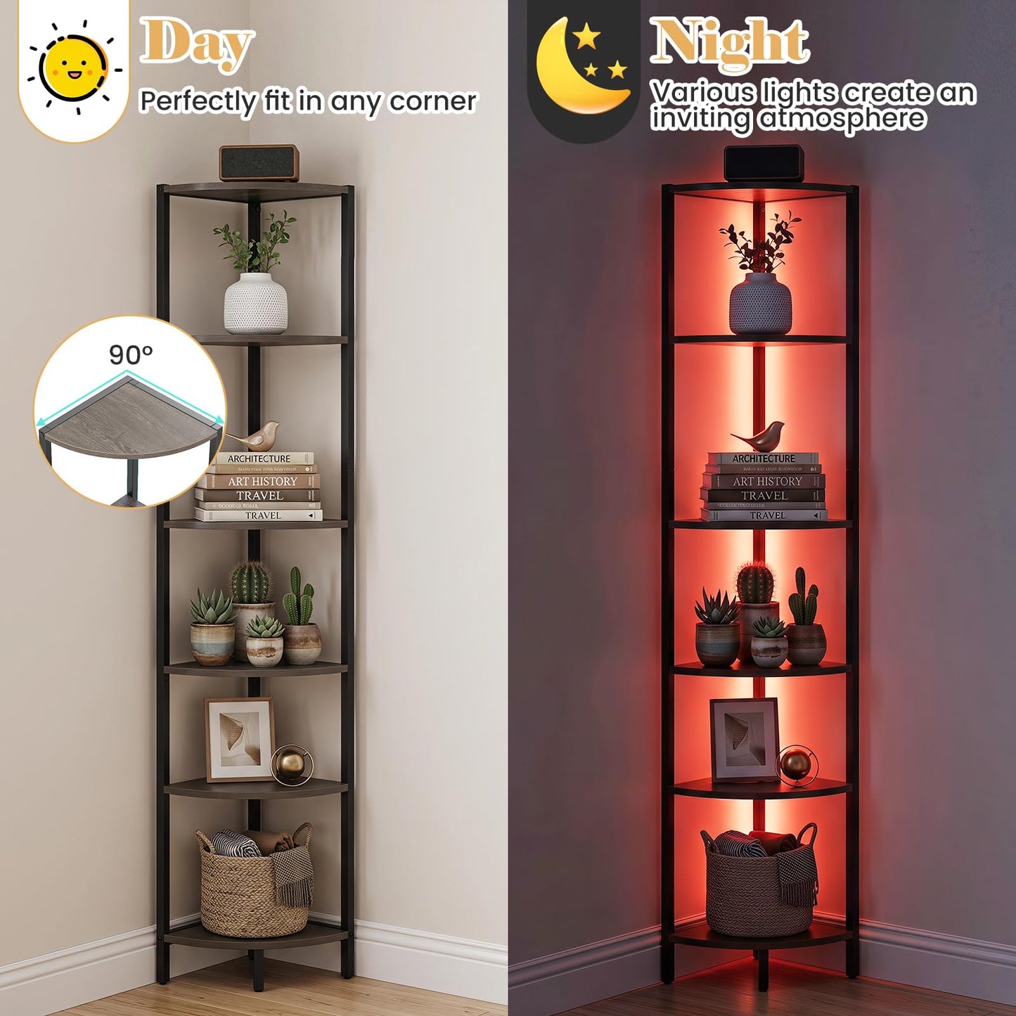 6-Tier Corner Shelf with LED Lights, 172cm Tall Bookshelf