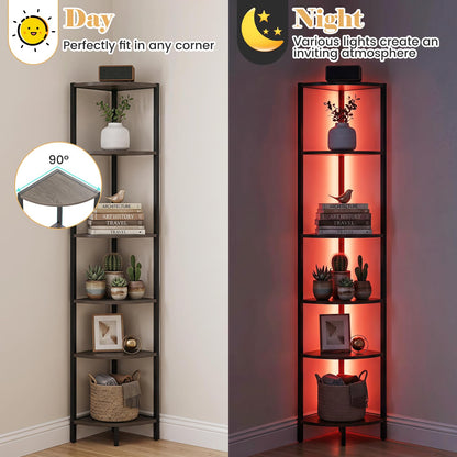 6-Tier Corner Shelf with LED Lights, 172cm Tall Bookshelf