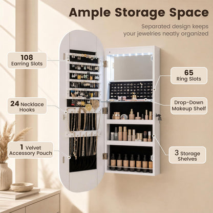 Wall and Door Mounted Jewelry Cabinet with 3-Color Adjustable Full-Length Mirror