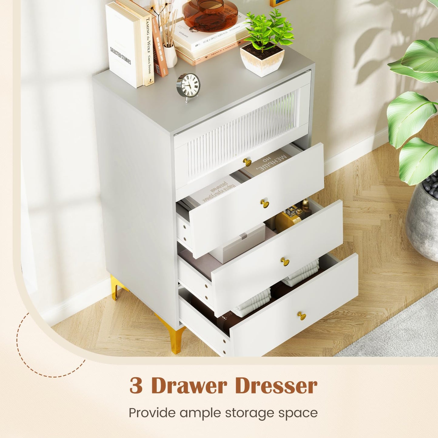 3 Drawer Dresser Cabinet with Flip Up Fluted Glass Door