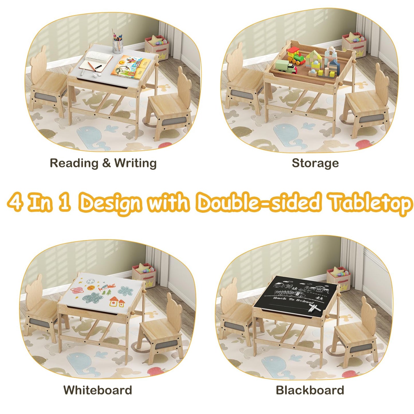 Kids Table and Chairs 4 in 1 Wooden Activity Desk Set (Bear Shape)
