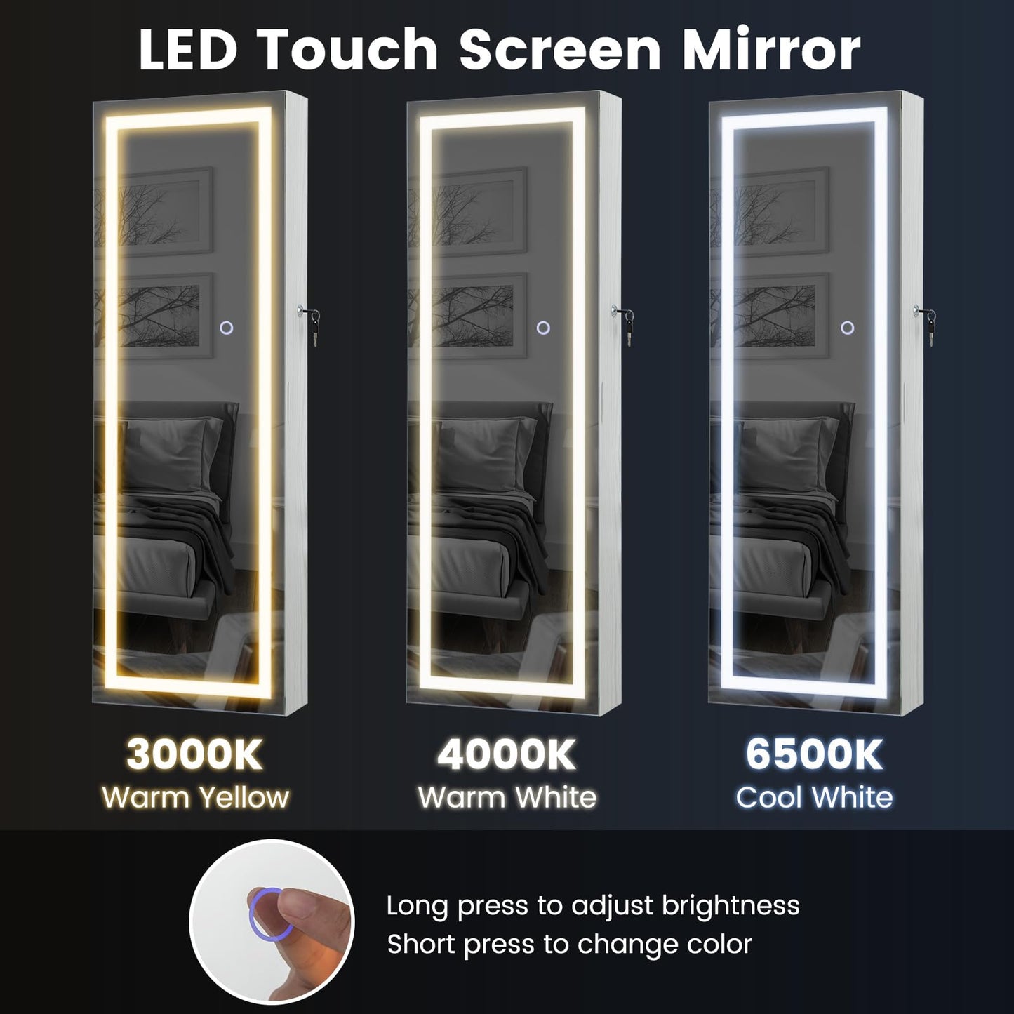 108cm Lockable Jewelry Mirror Cabinet with 3-Color LED Lights