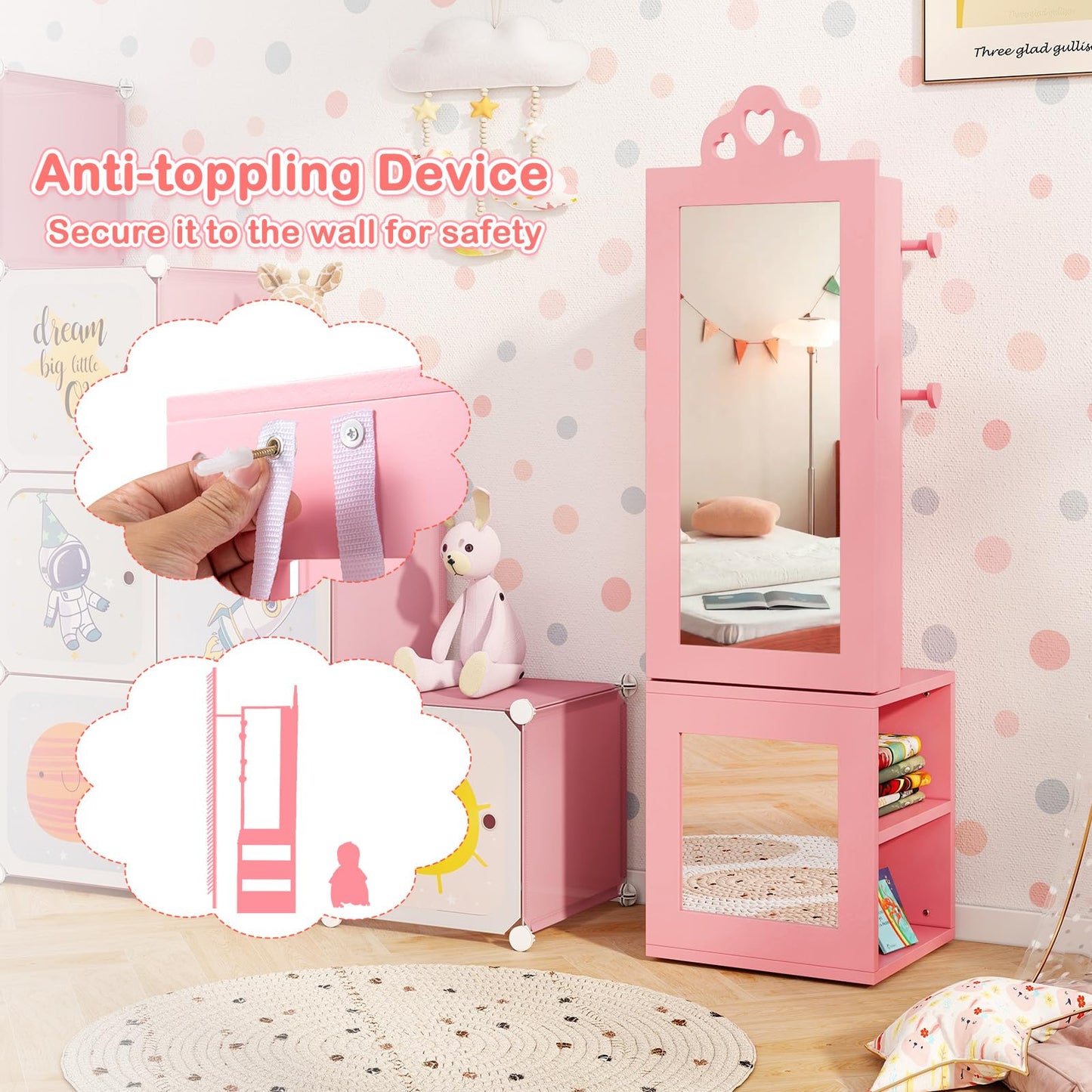 Kids Jewelry Armoire Full Length Mirror with Coat Rack and Storage Shelves